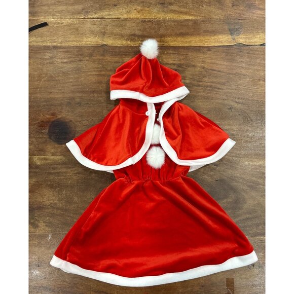 Santa Inspired Christmas Dress W/ White Trim & Pom-Pom Hood For Toddler 2 Piece - Picture 2 of 9